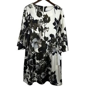 NWT Carolina Rose Bella Floral Print Satin 3/4 Bell Sleeve‎ Shift Dress Medium